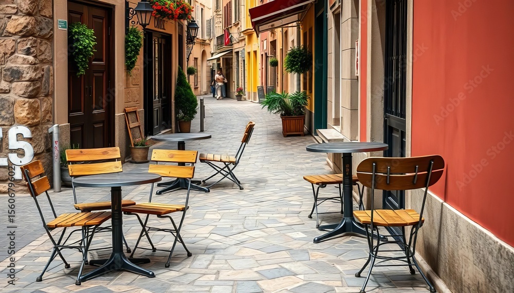 Naklejka premium Rustic wooden chairs and metal tables on a cobblestone European sidewalk, tables, street