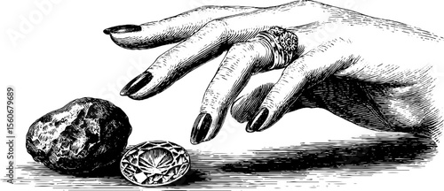 Elegant hand with painted fingernails and gem accent in vintage engraving style