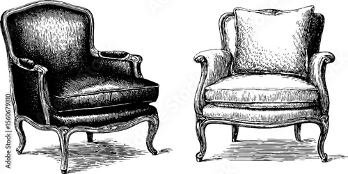 Vintage parlour chairs and tapestry cushions sketch for retro home design