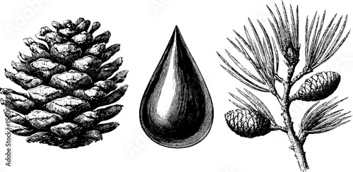 Highly detailed vintage sketch of pine resin drop and birch bud engraving