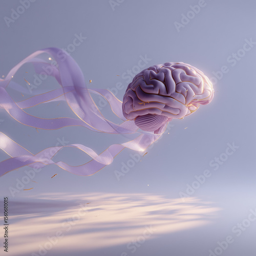 Surreal Floating Brain with Flowing Ribbons in Retro Futuristic Pastel Scene