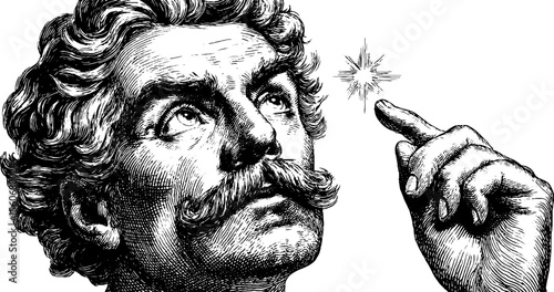Vintage hand-drawn portrait with sparkling star concept for retro design projects
