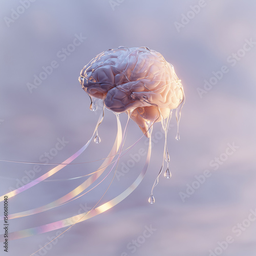 Surreal Floating Brain with Liquid Drops and Iridescent Ribbons in Retro Futuristic Scene