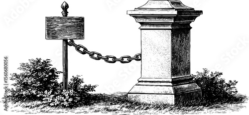 Vintage gatepost and chained plague warning sign sketch for retro design