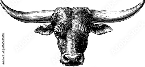 Vintage ox head sketch with plough blade and yoke for rustic agriculture designs