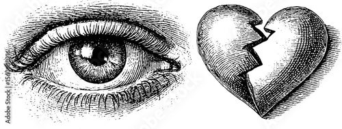 Vintage pop art eye and broken heart illustration for creative designs