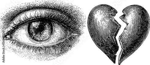 Pop art eye and broken heart engraving for retro design