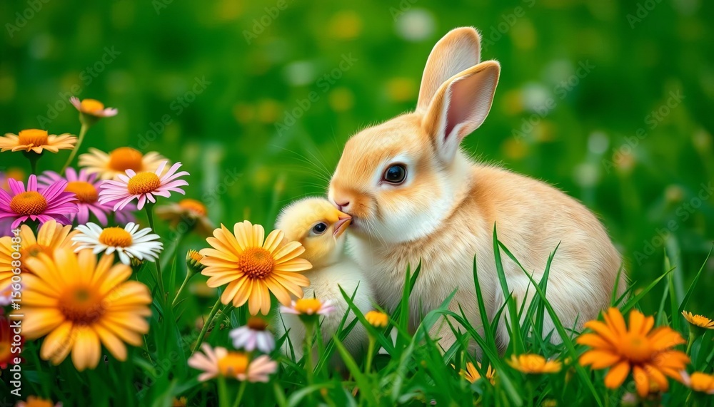 Fototapeta premium Fluffy bunny nibbles chick's head playfully amidst blooming wildflowers on vibrant green grass, bunny, pet