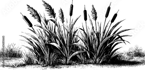 Highly detailed hand drawn vintage river reed and bulrush illustration for nature design