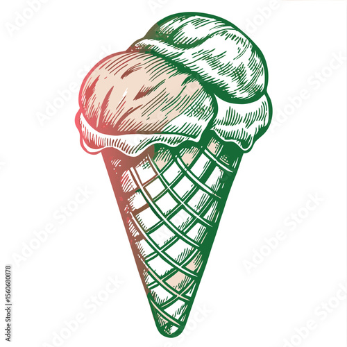 Hand-Drawn Illustration of Ice Cream Cone with Two Scoops for Dessert Blogs, Culinary Websites, Food Menus, and Summer Treat Promotions  