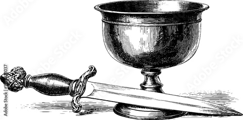 Vintage set of silver chalice and ceremonial dagger: hand drawn sketch for retro designs