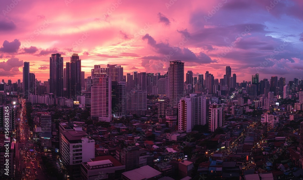 Fototapeta premium Panoramic cityscape at sunset, vibrant hues of pink and purple. Skyscrapers and buildings of varying heights, densely packed together. 