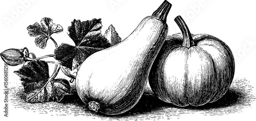 Detailed vintage squash and marrow illustration for retro design and print projects