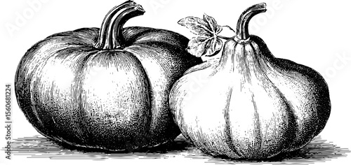 Vintage sketch of squash and marrow with detailed hand drawn engraving for retro design