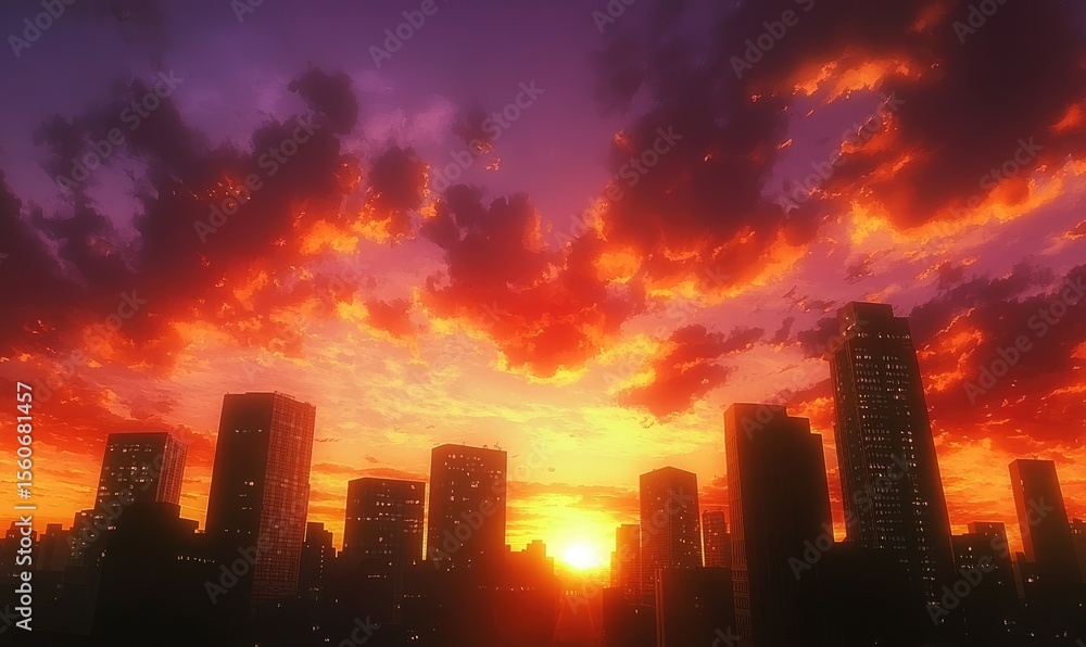 Fototapeta premium City skyline at fiery sunset