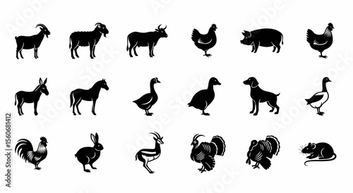 Black and White Silhouettes of Farm Animals in Profile View