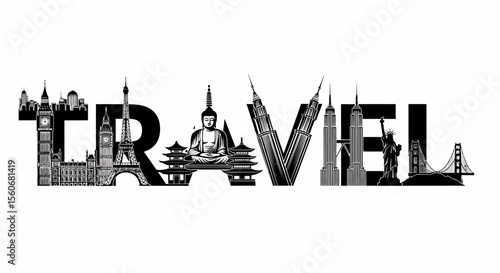 Black and White Illustration of Famous Landmarks Forming the Word "TRAVEL"