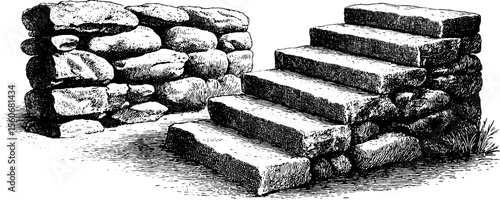 Vintage stone stairway and wall sketch for retro design and decor