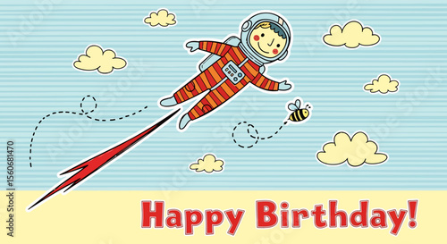 Cartoon Astronaut with Red Rocket Trail and Happy Expression in Space