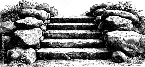 Vintage illustration of stone stairway in nature with glowing glyph wall for artistic design