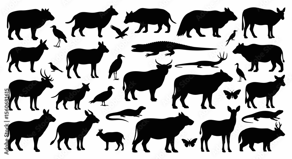 Obraz premium Collection of Diverse Animal Silhouettes: Black and White Wildlife Illustrations