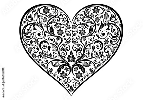 A stylized heart shape, centrally located, is filled with intricate black floral and decorative patterns