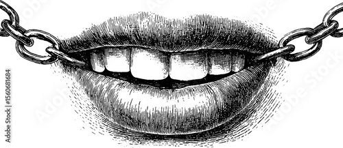 Vintage hand-drawn illustration of smiling mouth with chains for retro design