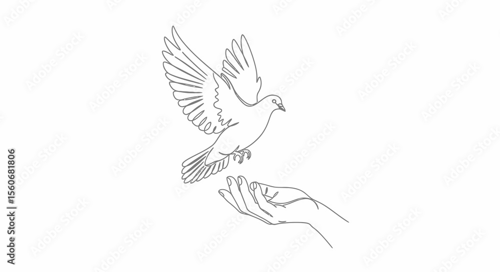 Obraz premium Hand releasing a flying dove, line art style, peaceful scene.