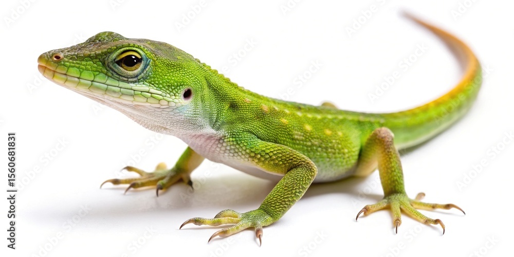 Naklejka premium Beautiful close up of a Green Anole lizard against a white background
