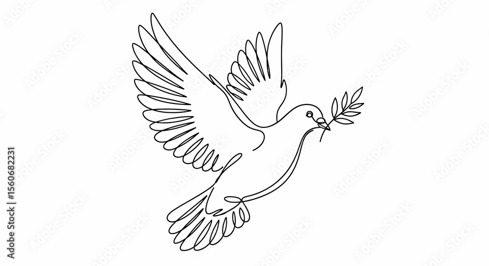 Fototapeta premium Elegant Black Line Art Dove with Olive Branch, Flying