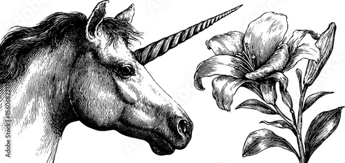 Enchanted unicorn horn and mystical flower in vintage hand drawn style for creative design