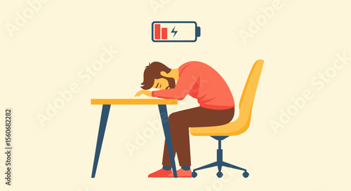 Exhausted Man Resting Head on Desk, Low Battery Symbol Above