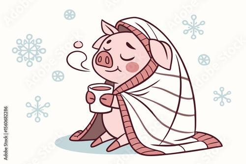 Vector cute Pig cartoon character, wrapped in a cozy blanket, drinking hot cocoa, sleepy and content expression, falling snow hint, isolated on white background