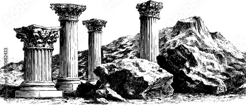 Vintage architectural ruins with volcanic backdrop and fire scarred columns