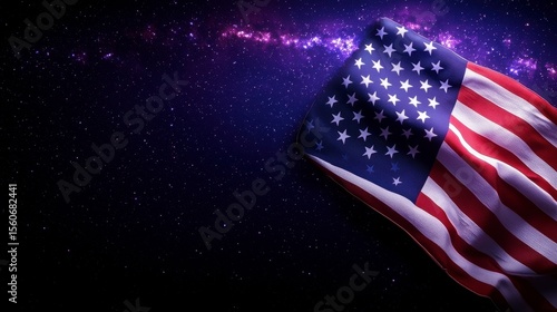 Dramatic American Flag with Cosmic Background. A vibrant star spangled banner against a deep space nebula backdrop showcasing celestial wonders and patriotic imagery in a breathtaking