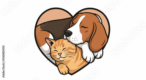 Heart-Shaped Cartoon Dog and Cat Sleeping Together
