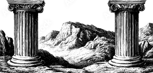 Volcanic landscape with fire scarred columns and majestic gate design