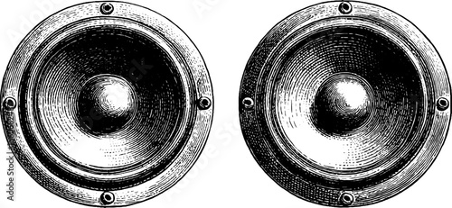 Vintage speaker and volume icon set with detailed hand-drawn art for retro design