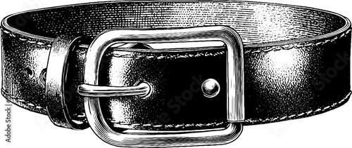 Vintage wide leather belt with metallic buckle - detailed hand drawn engraving illustration