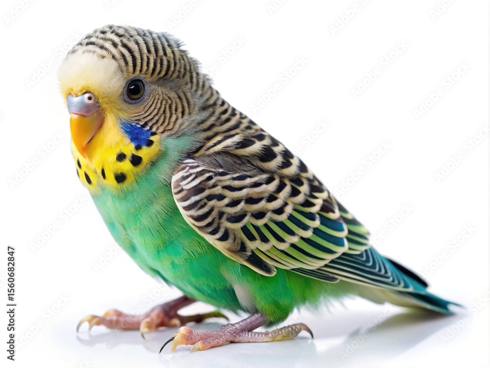 Fototapeta premium A colorful Budgerigar stands gracefully against a stark white background, showcasing vibrant plumage