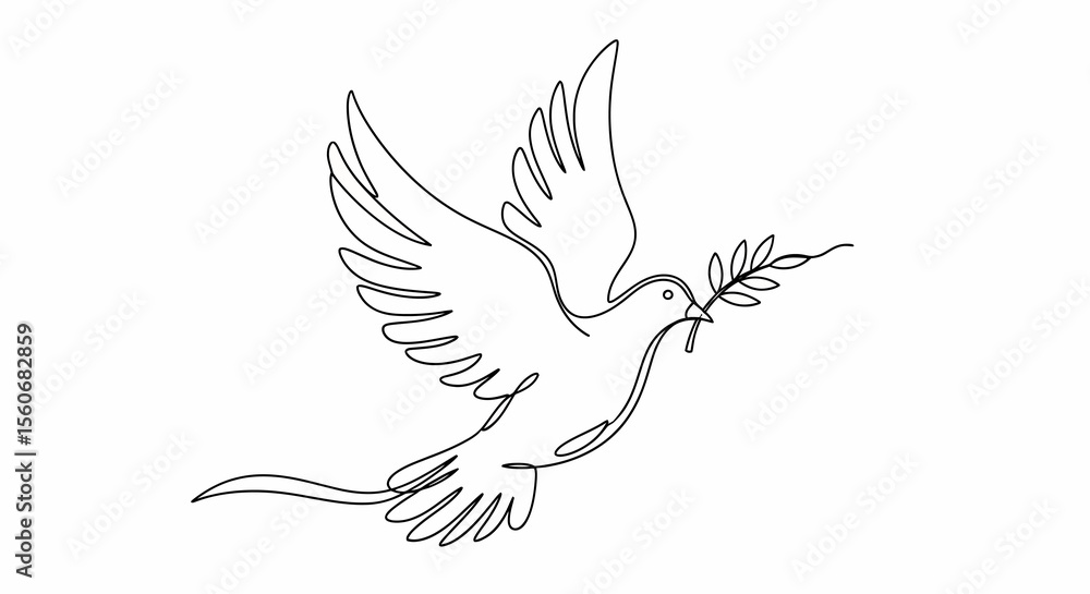 Fototapeta premium Single-Line Drawing of a Dove in Flight with Olive Branch