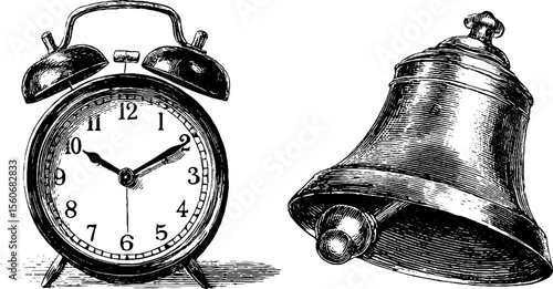 Vintage alarm clock and bell striker engraving for retro design and decoration
