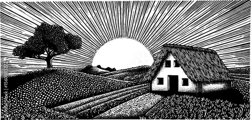 Charming small cottage with thatched roof in serene countryside landscape for rustic design