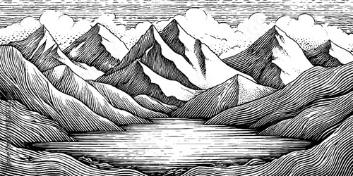 Snowy peaks and icy lake in black and white hand drawn landscape illustration