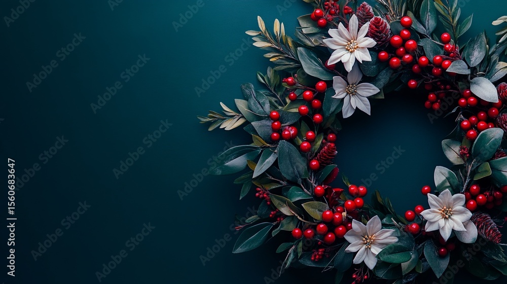 Obraz premium Festive Holiday Wreath Decorated With Red Berries, White Flowers, and Pine Needles on a Deep Green Background Evoking Seasonal Cheer