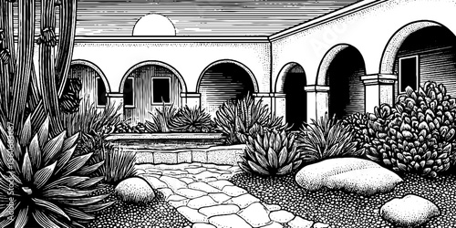 Black and white sunken marble courtyard with weeds - vintage architectural scene for design