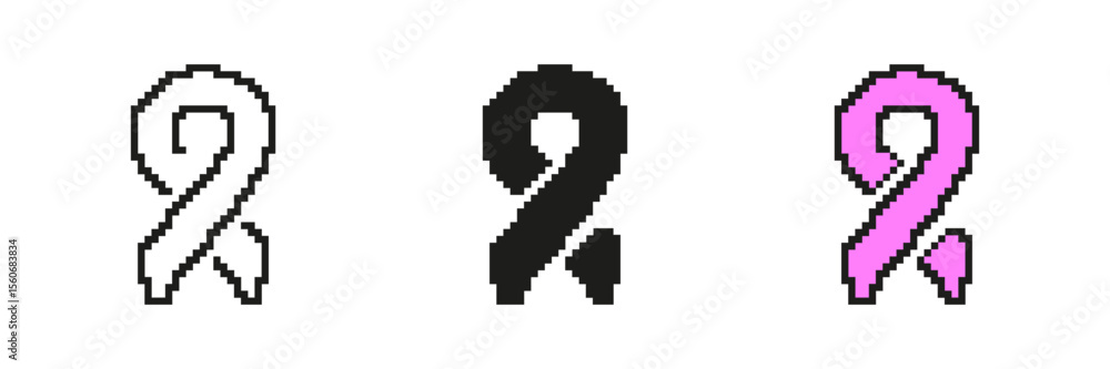 Obraz premium Awareness Ribbon Icon Set In Pixel Art. Pixelated Support Ribbon, Symbol for Awareness and Charity Campaigns. Isolated Vector Illustration