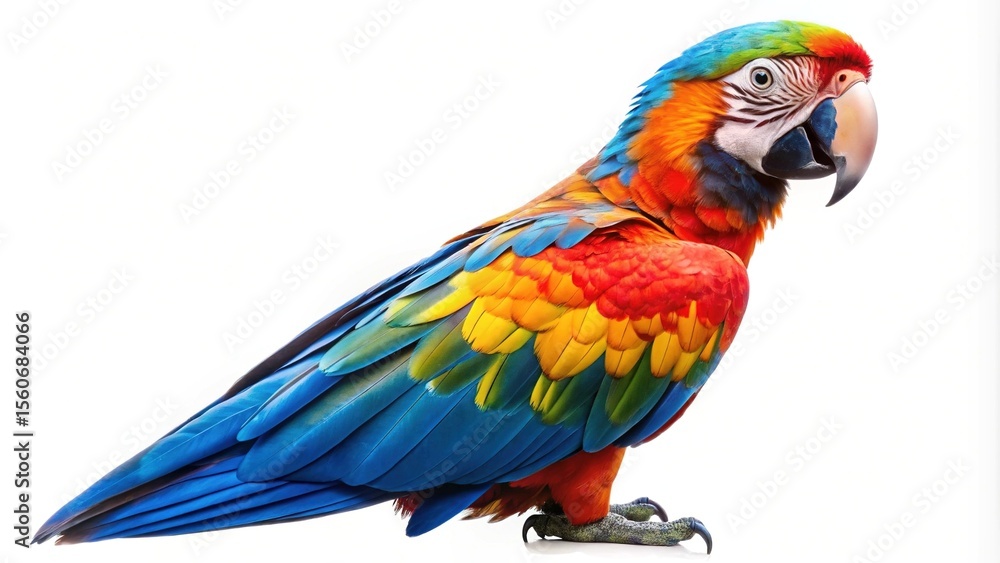 Vibrant Scarlet Macaw Perched on White Background, showcasing brilliant plumage and details Vibrant Scarlet Macaw Perched on White Background, showcasing brilliant plumage and details