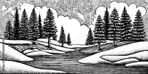 Winter in the taiga forest: black and white hand drawn scene for seasonal design