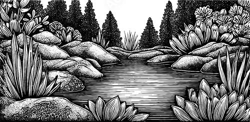 Vintage tidal pool scene with algae covered rocks in black and white sketch for nature design